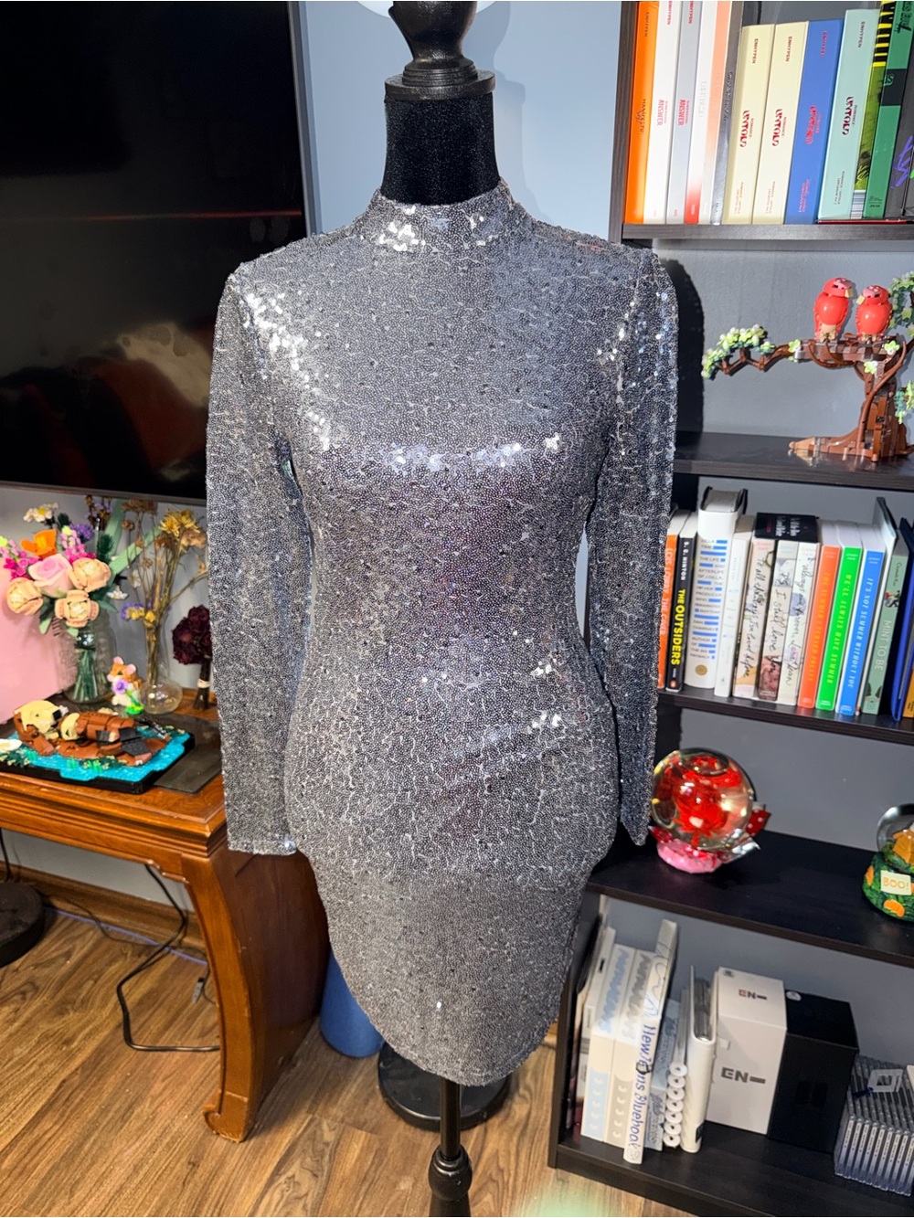 B Darlin Silver Sequin Long Sleeve Bodycon Dress - Picture 1 of 2